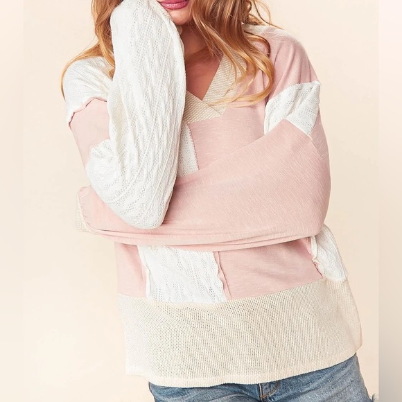 Women’s Pink, Taupe, & Ivory Color Block Cable Knit Patchwork Top, S/M/L - Picture 2 of 8